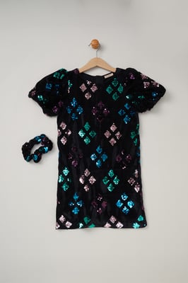 Sequin Shift Dress and Matching Scrunchie Outfit Set