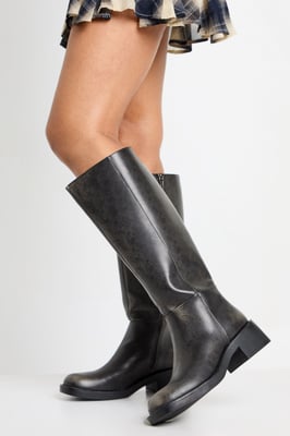 Chunky Square Toe Harness Detail Knee High Boots
