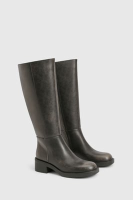 Chunky Square Toe Harness Detail Knee High Boots