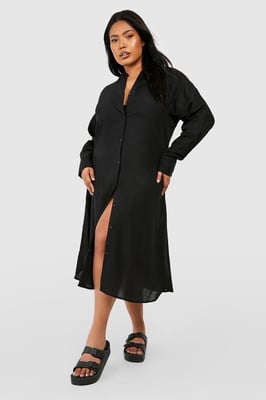 Plus Linen Look Midi Shirt Dress