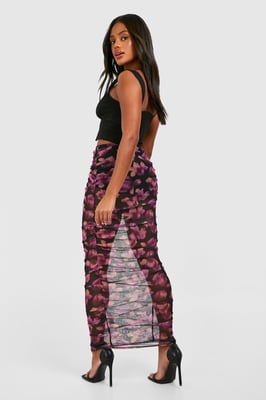 Ruched Mesh Floral Printed Maxi Skirt