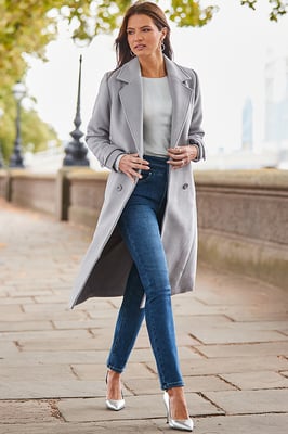 Grey Double Breasted Tab Sleeve Coat