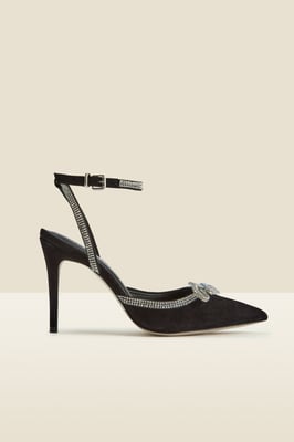 Black Suede Diamante Bow Trim Ankle Strap Court Shoe