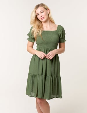 Shirred Puff Sleeve Mini Dress