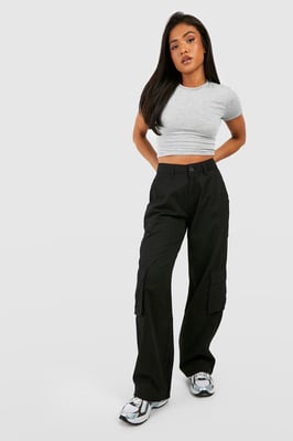 Petite High Waisted Twill Straight Leg Cargo Pants