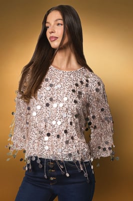 Sequin Fringe Long Sleeve Party Top