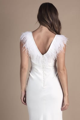 Feather Shoulder Detail V Neck Satin Wedding Dress