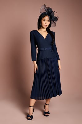Petite Crepe Bodice Long Sleeve Pleated Midi Dress
