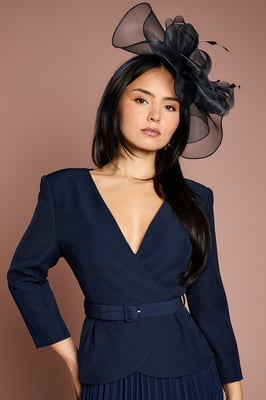 Petite Crepe Bodice Long Sleeve Pleated Midi Dress