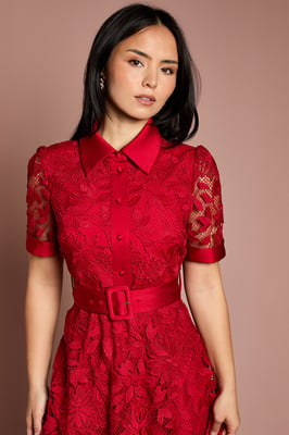 Petite Satin Trim Lace Shirt Midi Dress