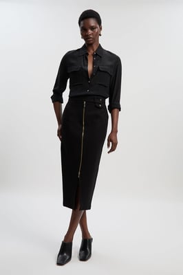 Ponte Front Zip Trim Detail Midi Skirt