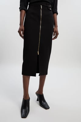 Ponte Front Zip Trim Detail Midi Skirt