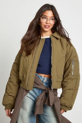 Ruched Sleeve Bomber Jacket