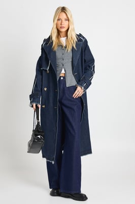 Frayed Seam Denim Trench Coat