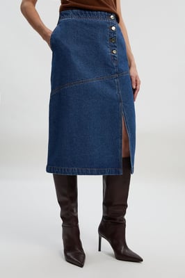 Denim Asymmetric Button Front A line Skirt