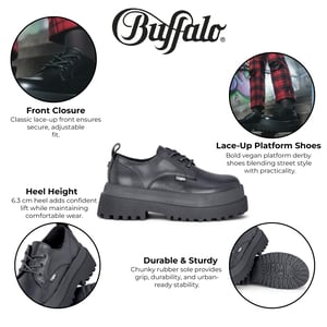 Buffalo Dames Zwarte Veterschoenen met Dikke Platforms - Pluto