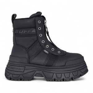 Buffalo Dam Svarta Chunky Platform Framdragkedja Höga Ankelstövlar - Fusion