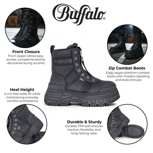 Buffalo Dam Svarta Chunky Platform Framdragkedja Höga Ankelstövlar - Fusion