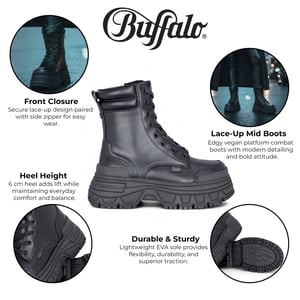 Buffalo Dames Zwarte Chunky Platform Veterschoenen Mid High Combat Boots - Fusion