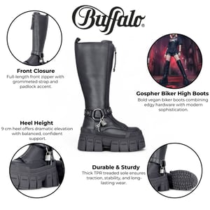 Buffalo Dames Biker Kniehoge Zwarte Chunky Goth Platform Laarzen - Gospher Hi