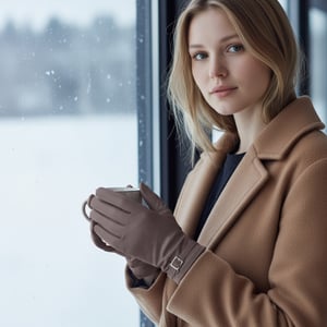 Dames winterhandschoenen met gesp en zachte wollen voering in Italiaans leer in nude beige