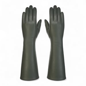 Dames lange olijfgroene Italiaanse leren winterhandschoenen met zachte wollen voering