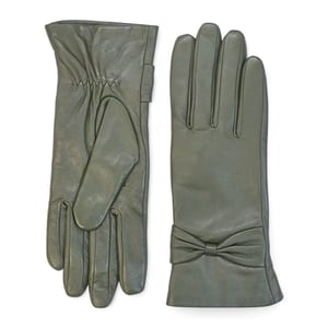Dames olijfgroene Italiaanse leren winterhandschoenen met zachte wollen voering en strikmotief