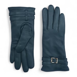 Dames winterhandschoenen met gesp en zachte wollen voering in Italiaans leer in blauwgroen