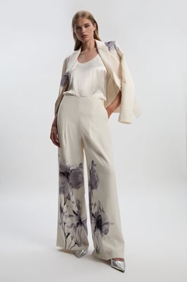 Floral Placement Print Tailored Crepe Pleat Detail Wide Leg Trousers