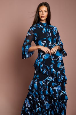 Pleated Frill Chiffon Maxi Dress