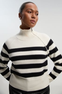 Plus Size Stripe Zip Through Funnel Neck Knit Jumper