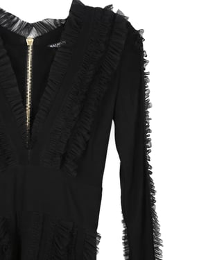 Balmain Zwarte Viscose Met Rimpelige Tule Accentuerende V-Hals Lange Mouwen Mini Jurk