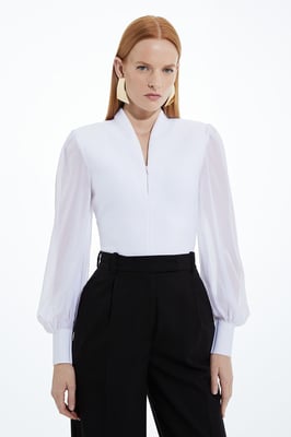 Bandage Figure Form Zip Detail Chiffon Sleeve Knit Top