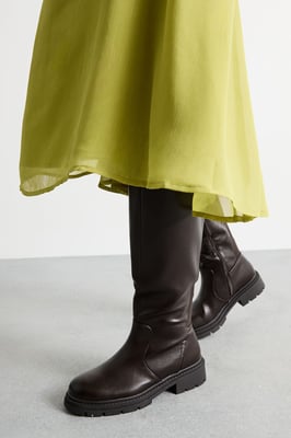 Faith: Daphne Faux Leather Back Elastic Chunky Knee Boots