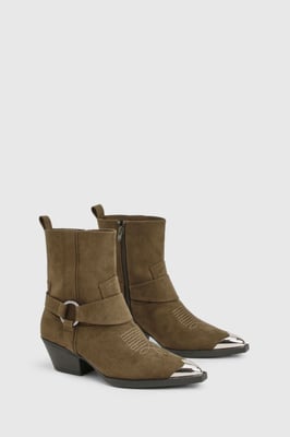 Faux Suede Silver Toe Cap Western Ankle Cowboy Boots