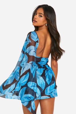Lined Mesh Leaf Print Skort Playsuit