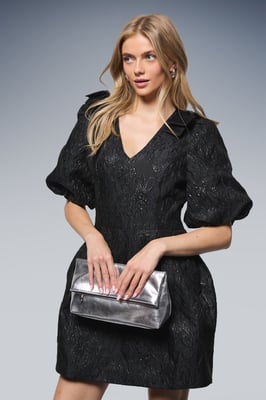 Bow Shoulder Puff Sleeve V Neck Mini Dress