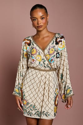 Petite Wrap Top Floral Embellished Mini Dress
