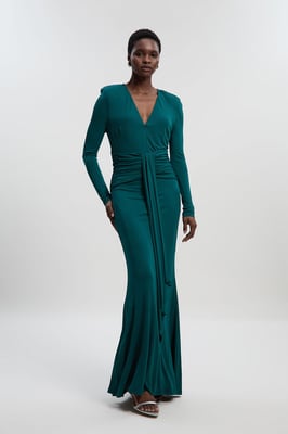 Premium Stretch Crepe Jersey V Neck Zip Detail Maxi Dress