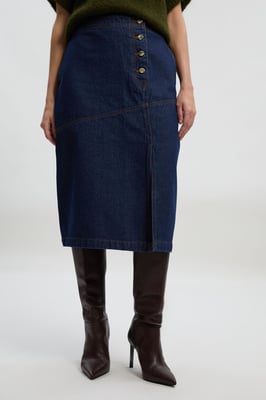 Denim Asymmetric Button Front A line Skirt