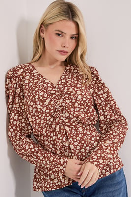 Animal Button Detail Printed Peplum Blouse