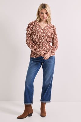 Animal Button Detail Printed Peplum Blouse