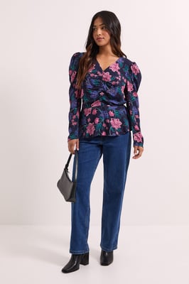 Petite Blue Floral Button Detail Printed Peplum Blouse