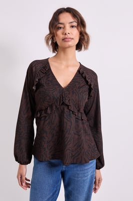 Brown Animal Empire Seam Frill Detail Printed Jersey Top