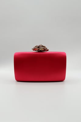 Satin Clutch Bag with Rose Jewel in Fuchsia