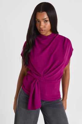 Hammered Knot Front Cowl Neck Blouse