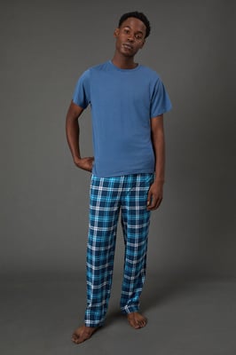 Light Blue Short Sleeve Jersey Top With Check Trouser Set