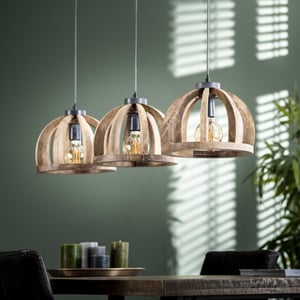 Hoyz Hoyz hanglamp gemaakt van naturel mangohout- 3 lampen gebogen houten spijlen Ø30 stoere look -150cm in hoogte verstelbaar industriële hanglamp voor woonkamer of eetkamer