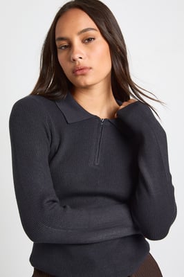Premium Long Sleeve Collared Rib Knit Top