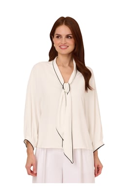 Oversized Tipped Bow Tie Neck Blouse With Puffed 3/4 Sleeves